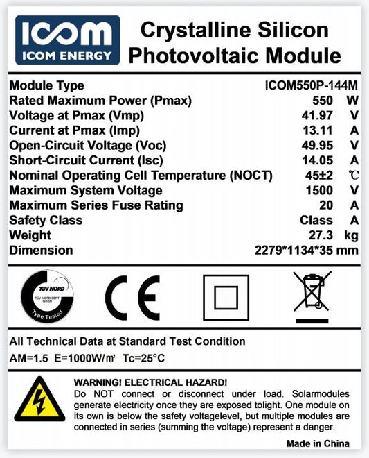 ICOM 550Watt Mono Solar Panel